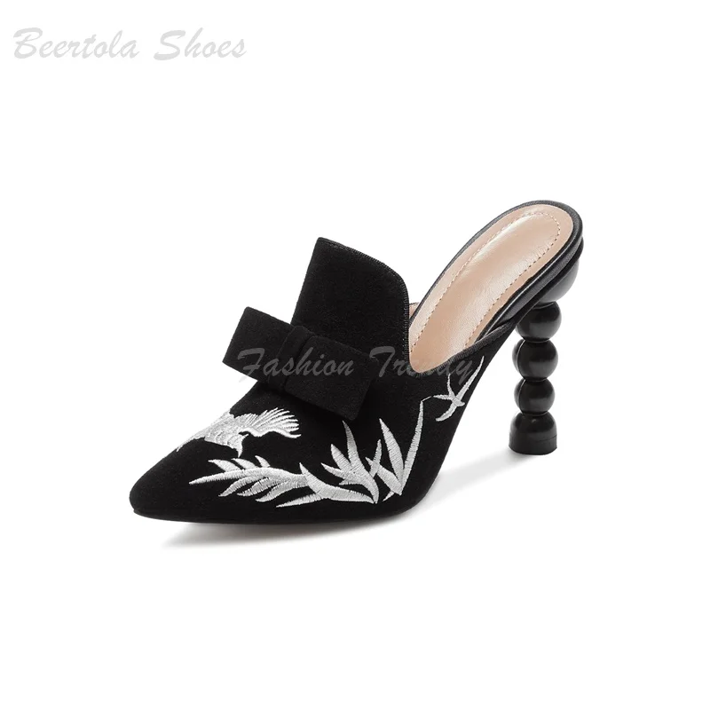 Women White Floral Embroidery Black Suede Heels Hollow Stiletto Pointed Slippers Ethnic Style Casual Concise Design Elegant Shoe