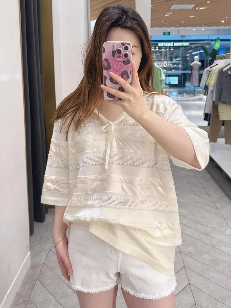 

Женская футболка Soft Sle, вязаная шапка в полоску, летний топ, нежный ветер, элитный модный материал из полиэстера, свободная посадка ort Sve