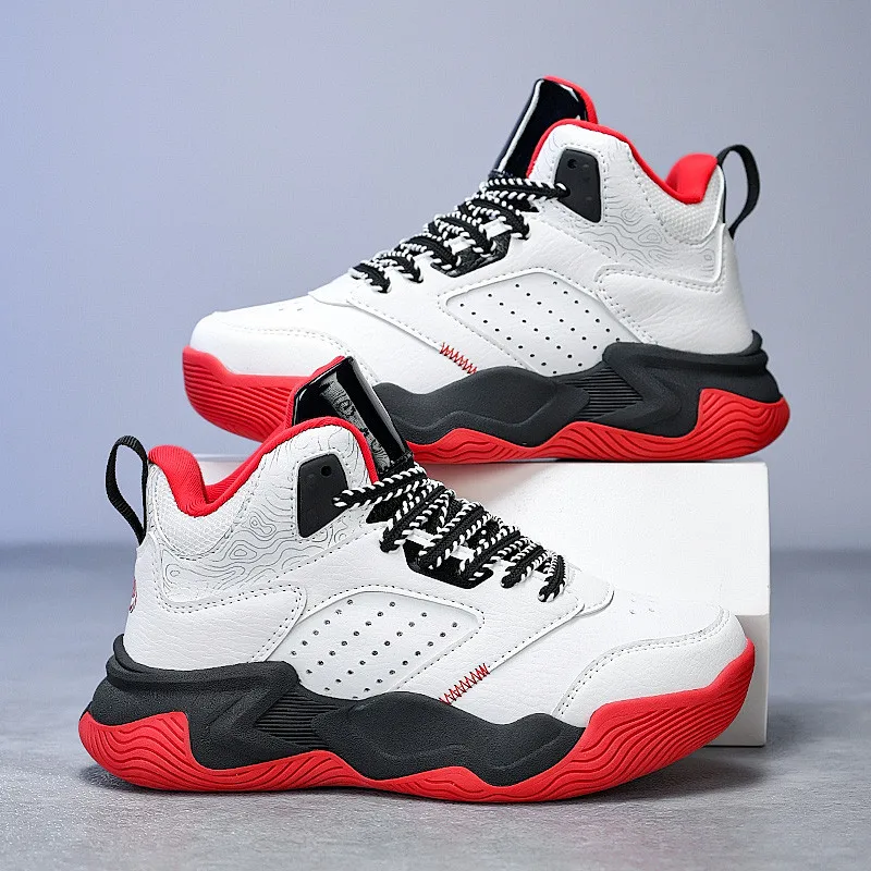 

New Design Fashion White Red Children's Basketball Sneakers Breathable High-top Sneakers Kids Platform Sports Shoes Boys Trainer