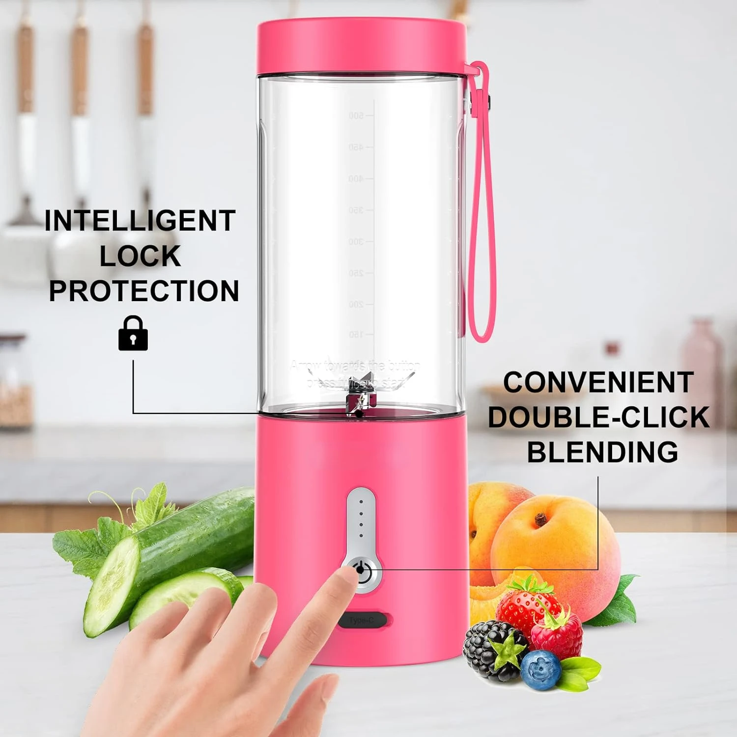 Portable Personal Travel Blender for Shakes and Smoothies, Protein, Crushed Ice with 4000mAh USB Rechargeable Battery - 18 oz Mi