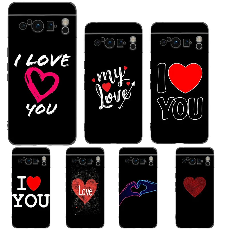 

Phone Case For Google Pixel 9 8 8A 7 7A 6 Pro XL 6A 5G Black Soft Shockproof Back Cover TPU Shell I Love you Pink Heart