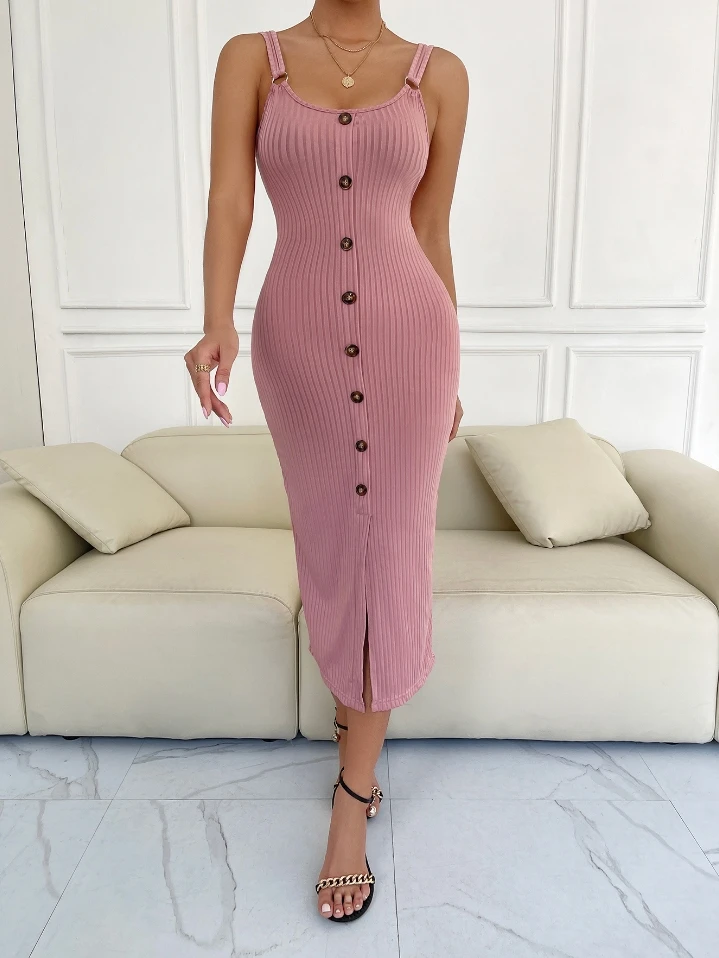 

Womens Dresses 2024 Summer Slim Fit Sexy U-Neck Sleeveless High Waist Casual Solid Color Button Design Slit Long Suspender Dress