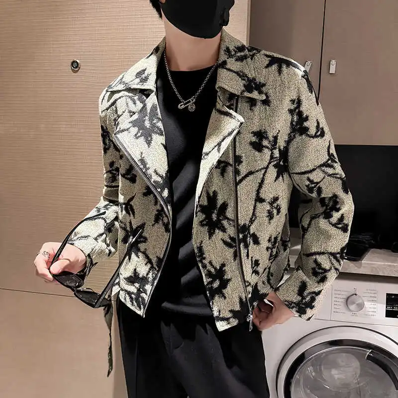 High-End Short Style Jacquard Locomotive Jacket 2024 Autumn New Fashion Zipper Coat Nightclub Club Social Men's Jackets