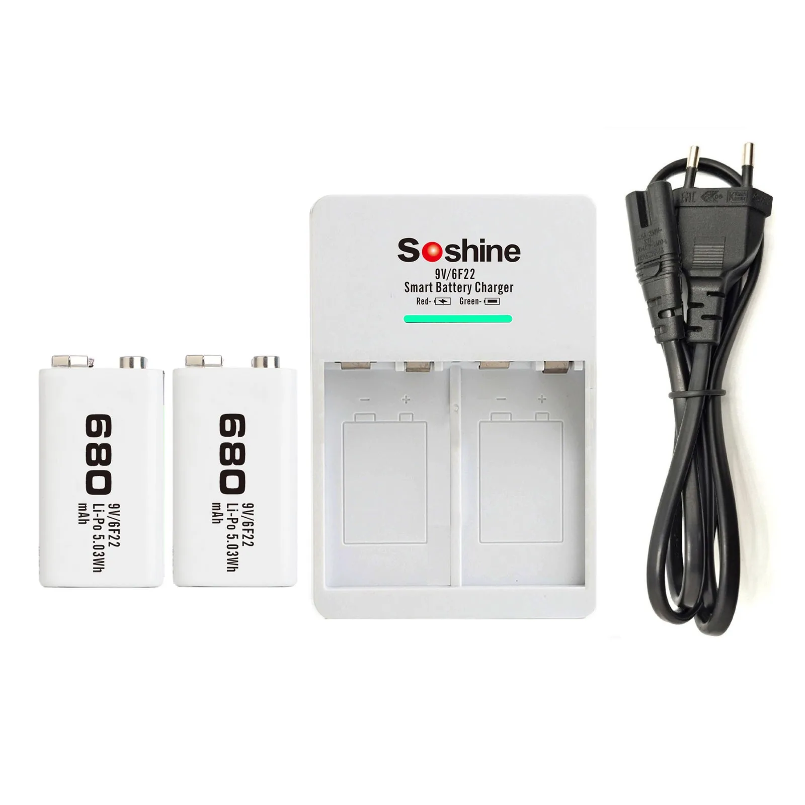 Soshine 2pcs 9V 680mAh 6F22 Li-po Rechargeable Battery with Charger V1