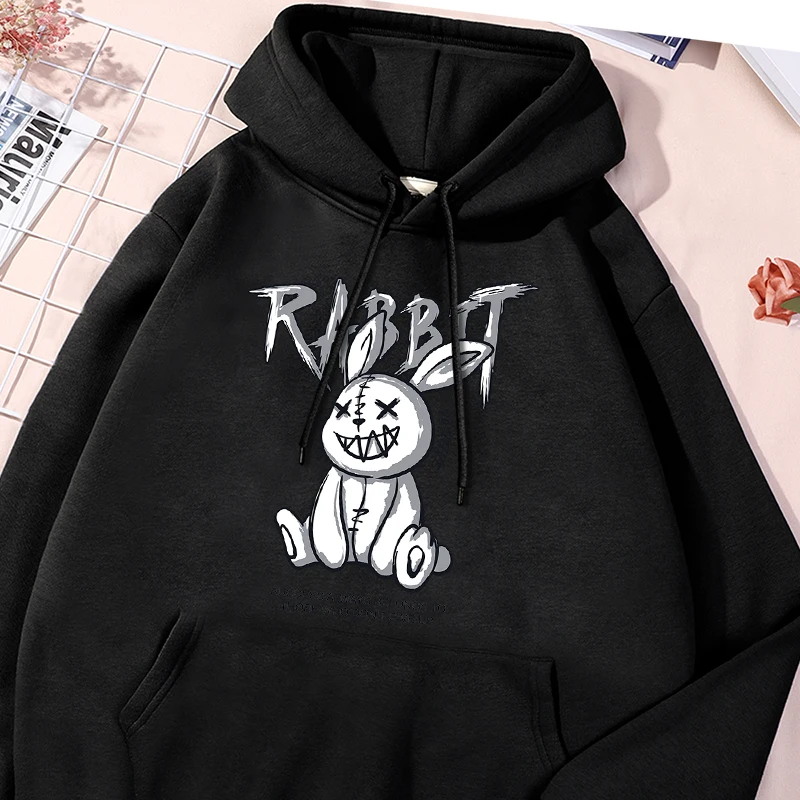 Sewing Rabbit Black Print Hoodie Mens Fashion Versatile Fleece Sweatshirts Unisex Comfortable Hoody Streetwear Loose Comfy Tops