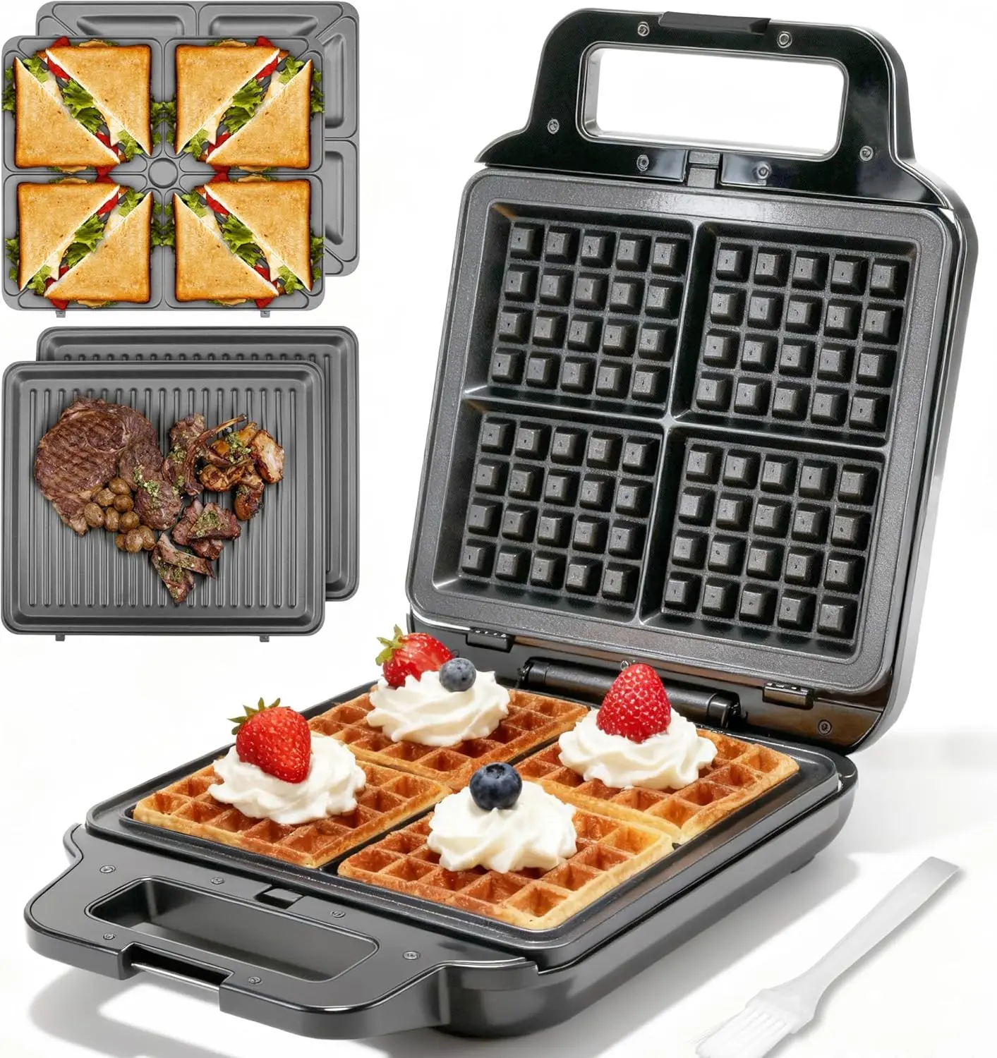 

3-in-1 Belgian Waffle Maker, Panini Press & Sandwich Grill, Large Capacity, Quick Heating, Easy Clean, Stainless Steel