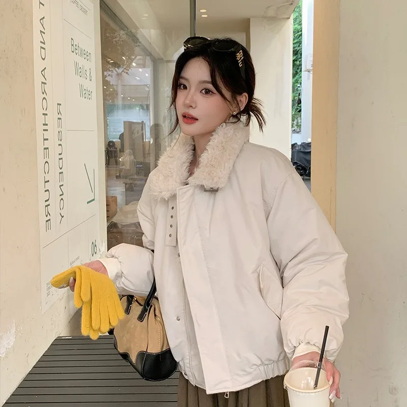 2026 New Short Padded Coat Women Shearling Collar Oversize Thick Solid Cozy Street Style Casual Winter Trendy Fashion Daily