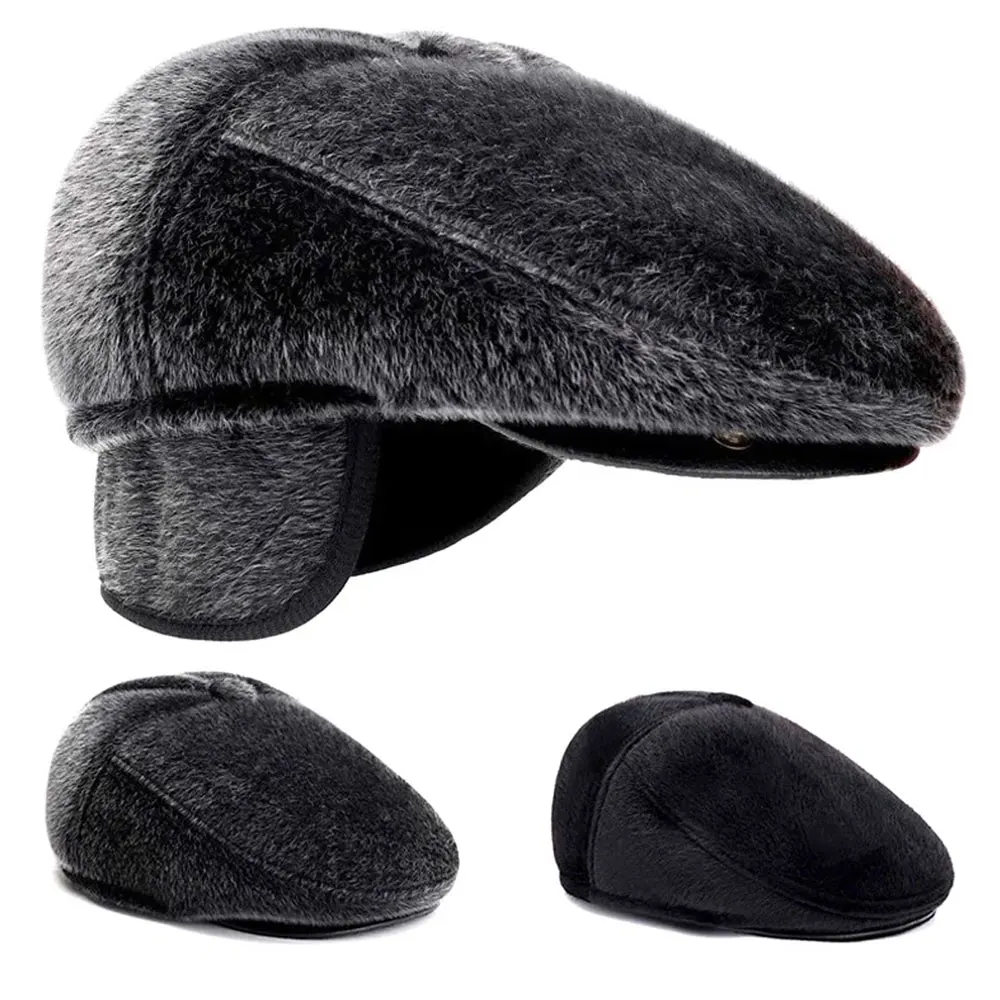 Winter Beret Cap For Men Faux Fur Driving Men's Newsboy Hat With Earflaps Beret Dad Hat For Elderly Flat Visor Winter Warm Hats