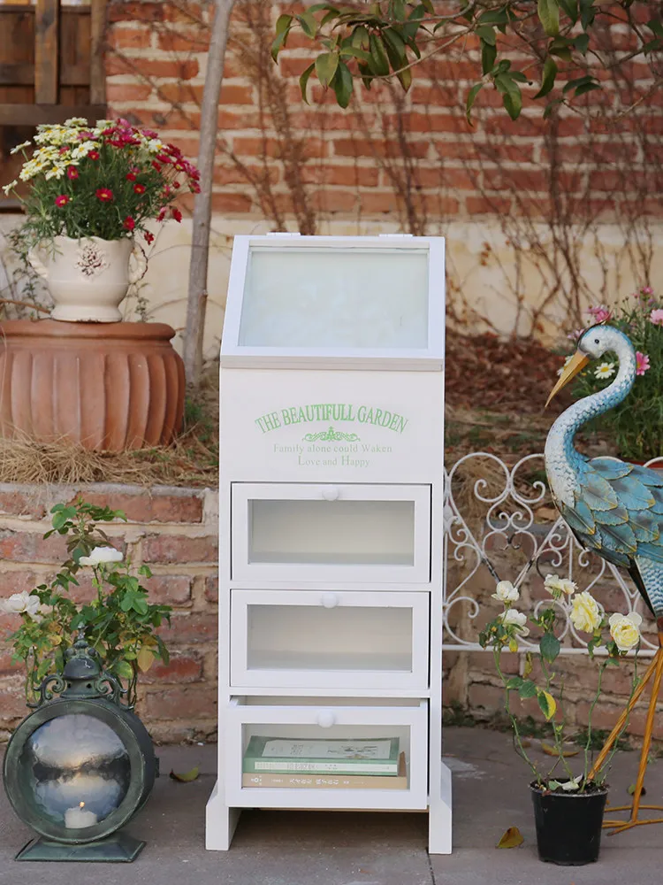 Wood and glass flower room chest, pastoral American decorative storage side cabinet, white drawer type storage cabinet