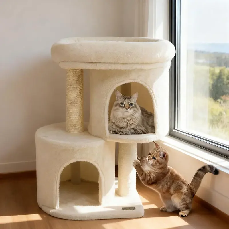 

26 Inch Cat Tower with Large Padded Push Perch and Dual Condos-Beige