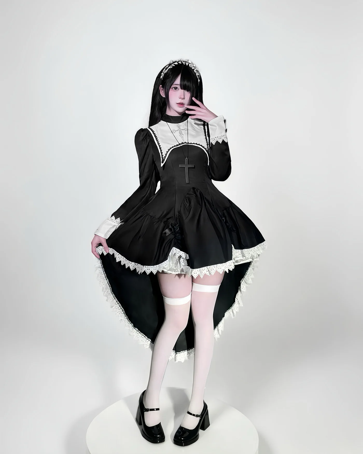 S -5XL Schwarzer Gothic Nonnenrock Cosplay Kostüm Karneval Mädchen Anime Kreuz Nonnenrock Beliebtes Party Halloween Y2k Schleppe Kleid 2025 – Detail 3