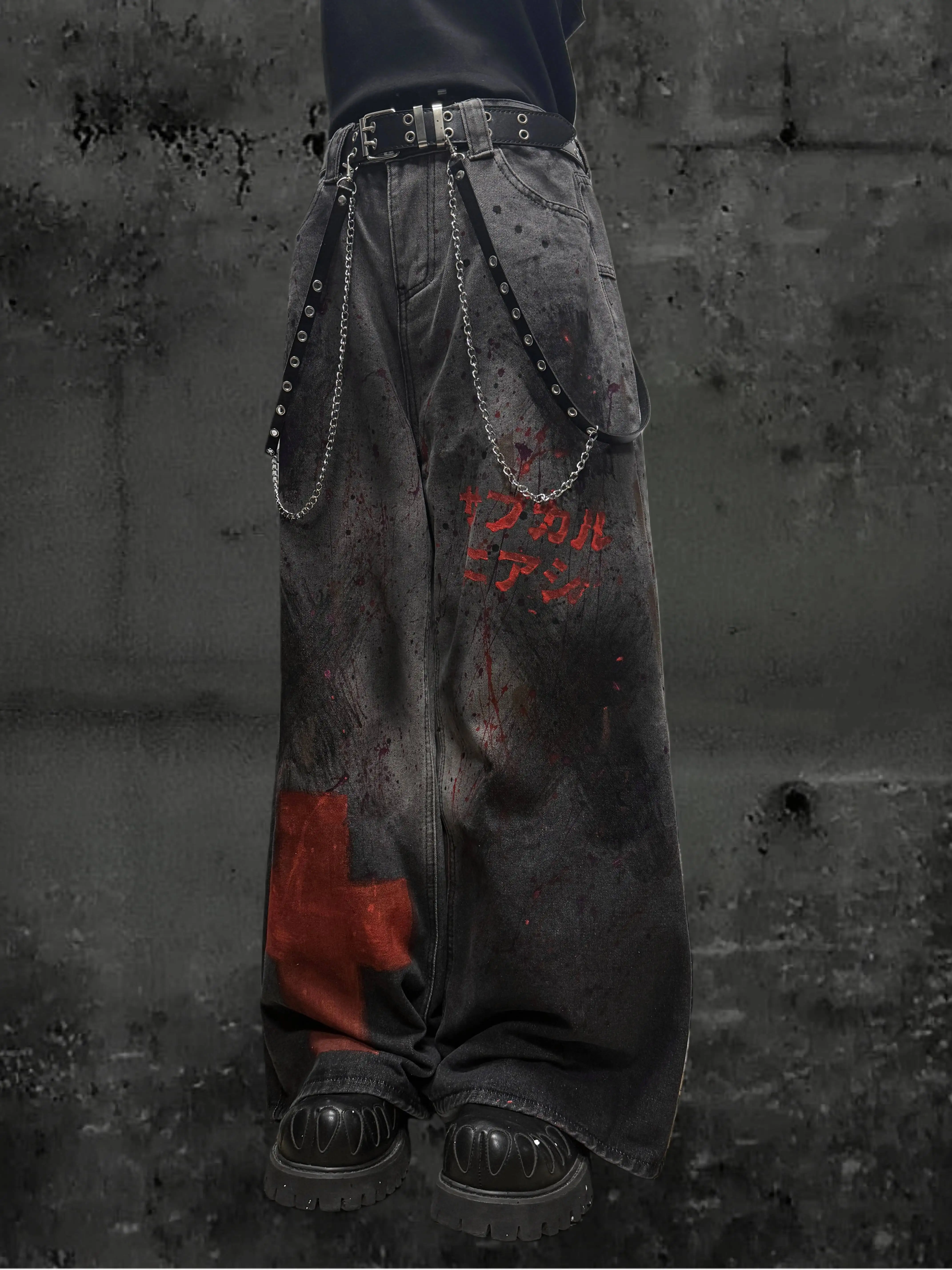 Gothic Punk Unisex Jeans 2025 Autumn Unisex Jeans Wasteland Y2K Aesthetic Hand Painted Distressed Washed Denim Wide Leg Pants