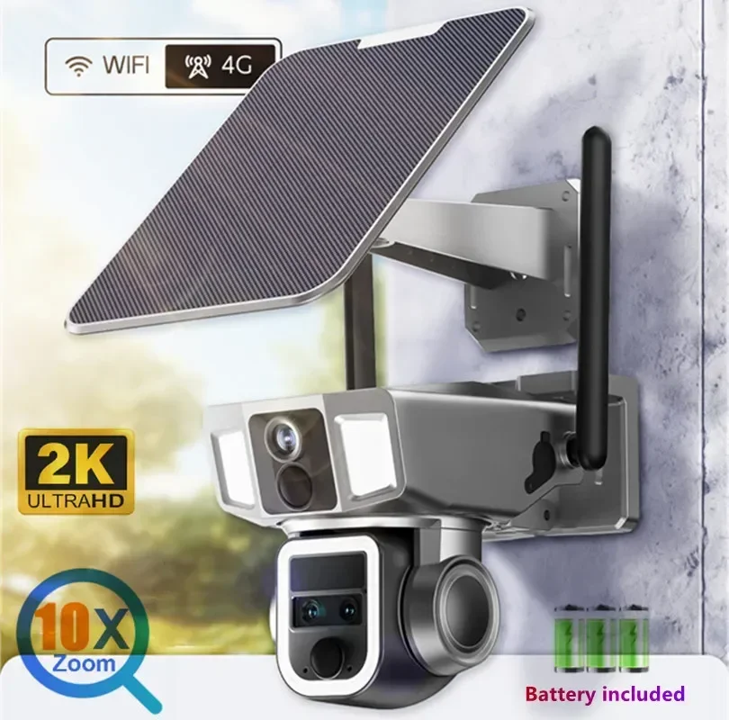 Outdoor 4G/WiFi 2 In 1 Three Lens 12MP 6K 10X Zoom Dual Screen Solar Camera  Auto Tracking CCTV Camera