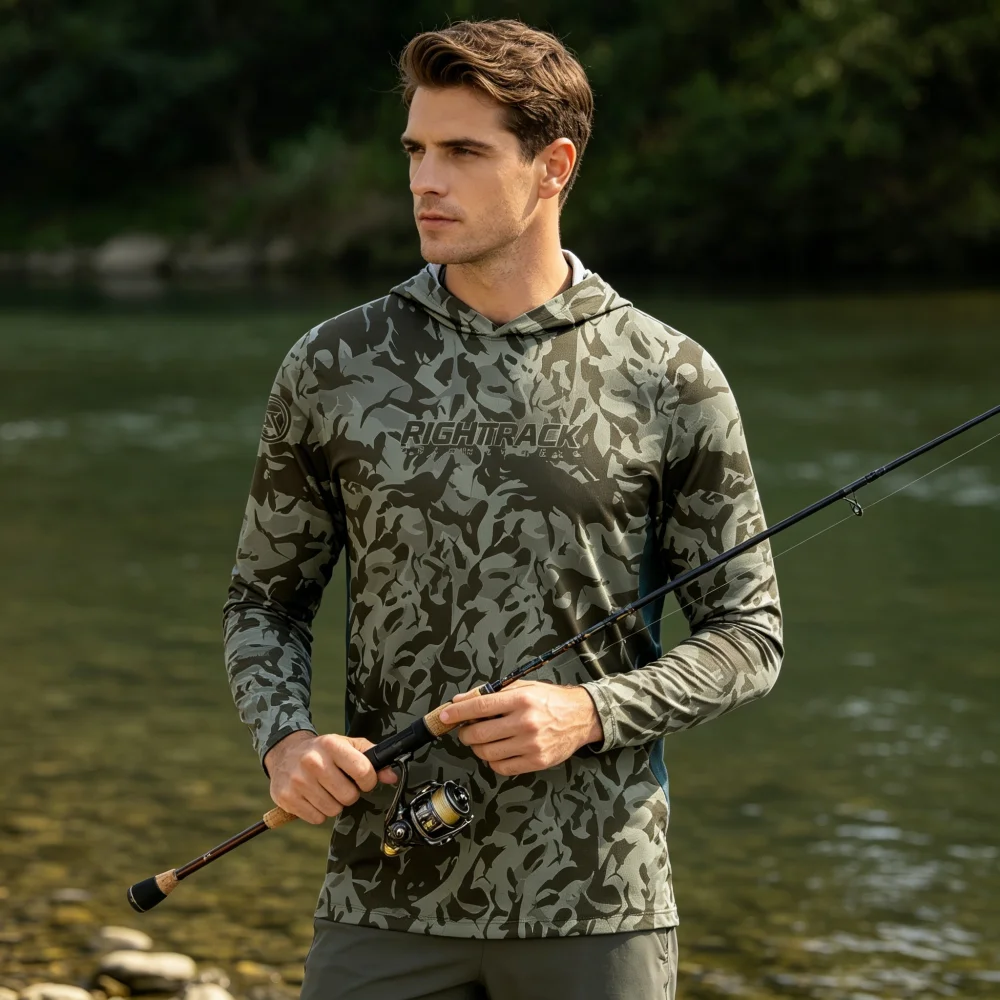 

RIGHTTRACK Breathable Men's Mask Hoodie Camo UPF50+ UV Fishing Wear for Hunting Climbing Camping Hiking Angling