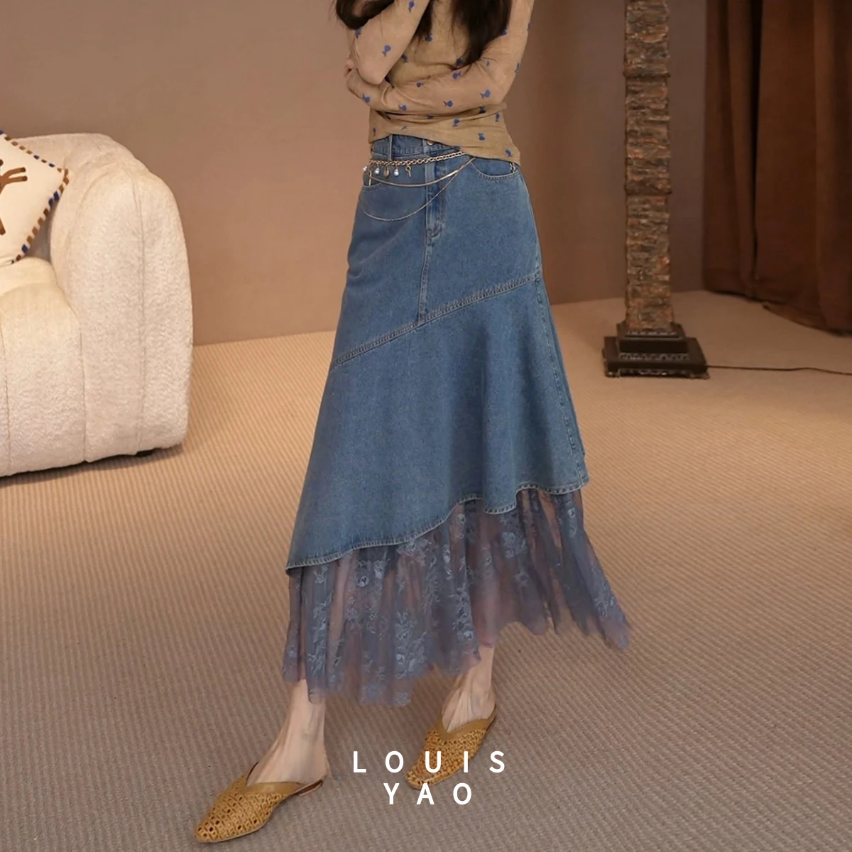 LOUISYAO Vintage Sweet Denim Skirt 2026 Summer High Waist Lace Mesh Patchwork Asymmetric Slim Long Skirt