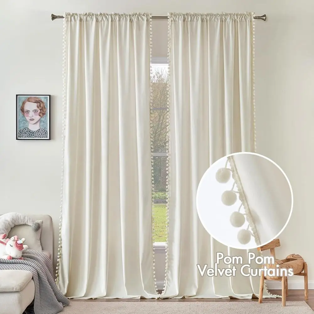 Rideaux en velours blanc crème 84 ivoire avec poche pour tringle, isolation thermique et occultant pour chambre/salon, lot de 2