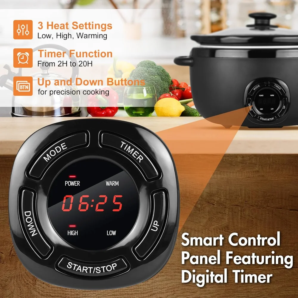 7 Quart Slow Cooker, Electric Slow Cooker Oval with Nonstick Removable Inner Ceramic Pot, Programmable with 3 Temp Settings