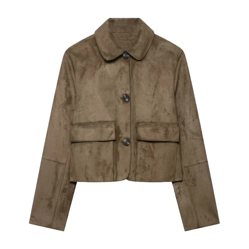 

Women's Autumn Dark Versatile Turn Down Collar Faux Leather Effect Single Breasted Jacket for Daily Commute Work Wear