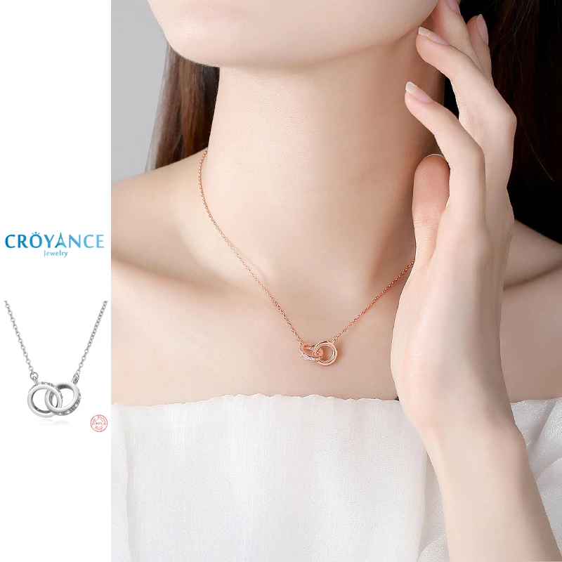 

Fashion 925 Sterling Silver Double Round Zircon Pendant Necklaces Women Jewelry Gift Exquisite Rose Gold Rhinestone Choker Chain
