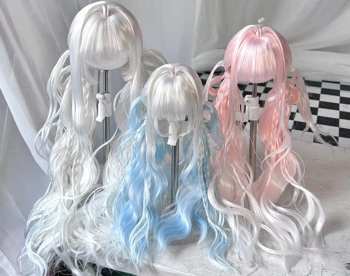 A010 Children Handmade Toy 1/6 1/4 1/3 MSD MDD BJD Doll Wig White Pink Blue Gradient Double Ponytail Curly Hair 1pcs