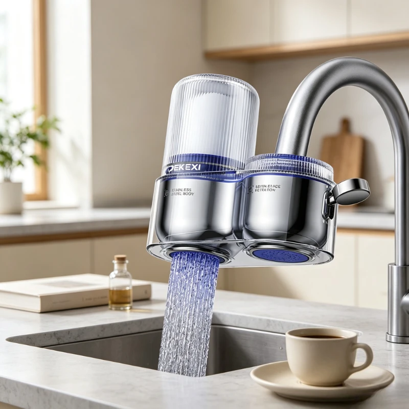 Faucet Water Purifier, Blue Light Antibacterial Direct Drink Filter, 1 Body 4 Cartridges, High Pressure Anti-Corrosion Durable