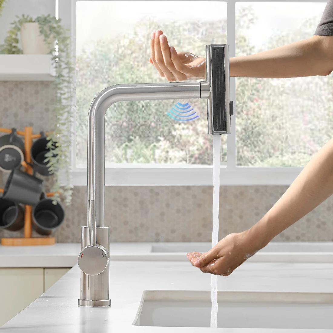 

Touch Sense Kitchen Faucet 3 Mode Black Waterfall Crane Brushed Nickel Sensor Pull Out Hot Cold Mixer Gray Sink Water Tap 1668