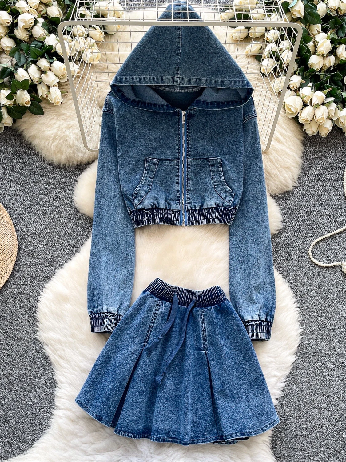 

Casual Denim Two-Piece Set Women's Autumn Hooded Open Cardigan High Waist Skirt Slim Fit Sweet And Spicy Girl Outfit