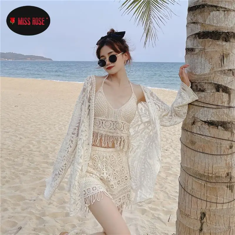 3pcs Sets Lace Hook Flower Embroidery Sunscreen Suits Beach Holiday Bohemian Long Sleeves Cardigan Coat Wide Leg Shorts Women