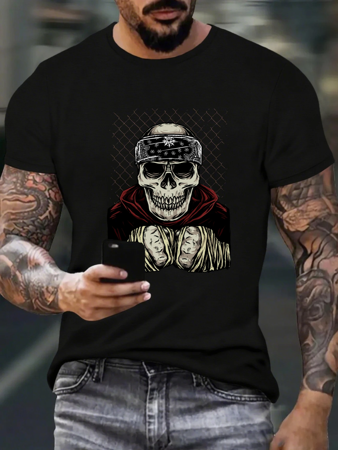 

Retro Silver Skull Graphic T-Shirt for Men, Gothic Hip Hop Short Sleeve Tee, Casual Skull Print Tops