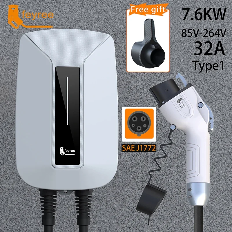 Feyree-cargador EV tipo 2, enchufe EVSE Wallbox 32A, 7KW, enchufe de IEC62196-2, Cable monofásico de 5m, estación de carga de montaje en pared para