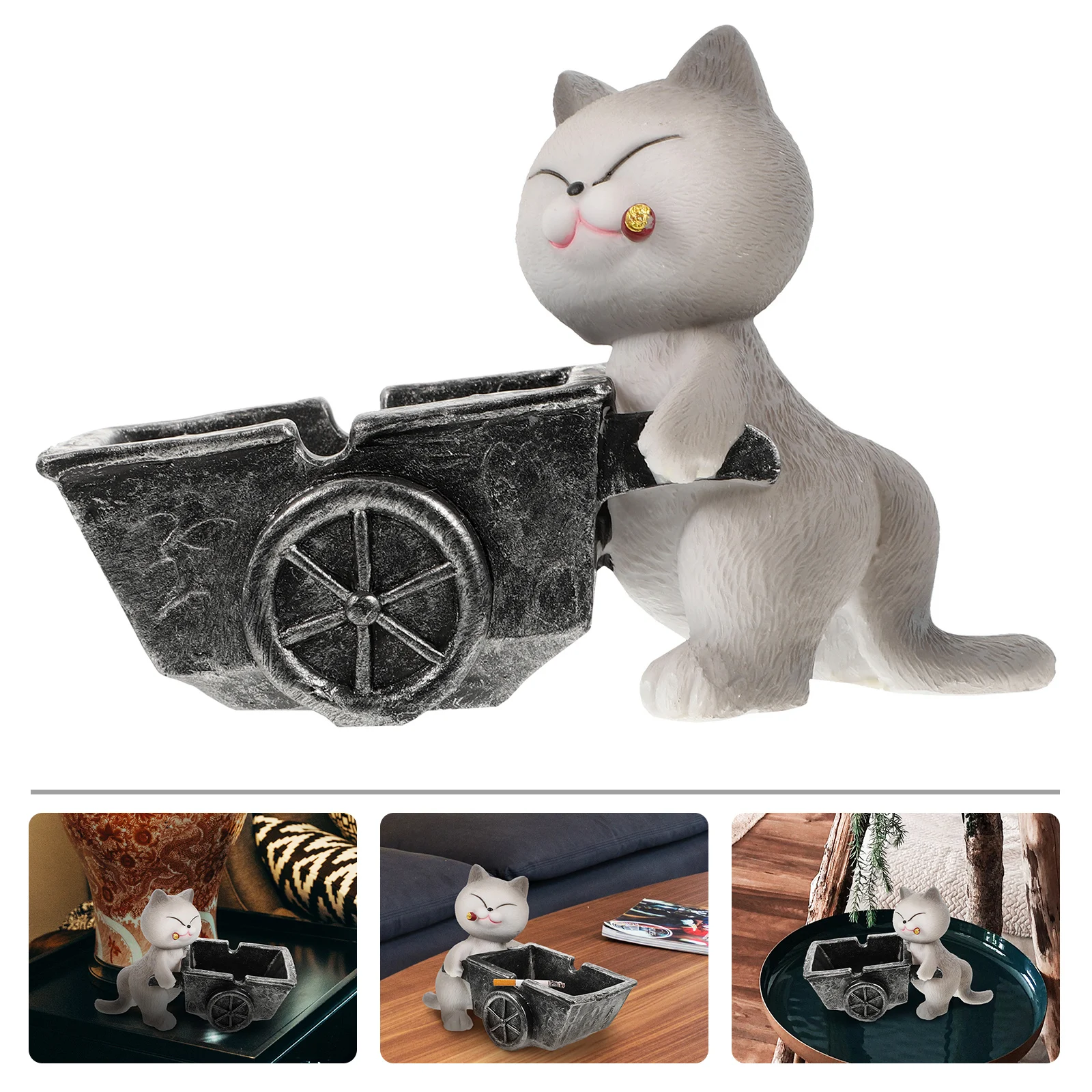 

Creative Resin Animal Cart Ashtray Smoke Holder Home Office Decorative Desktop Cigarette Ash Container Cat Shape Vintage Cartoon