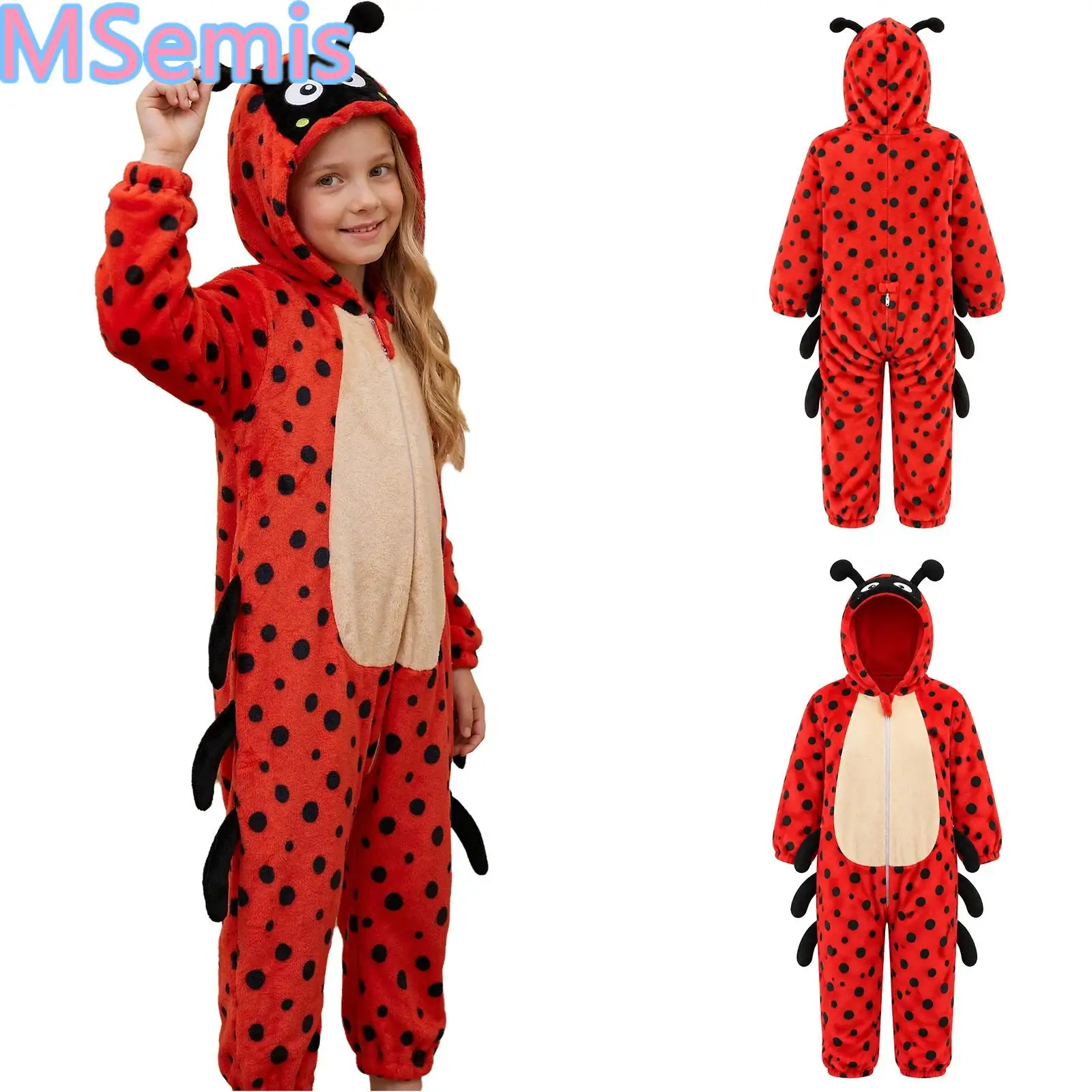 Kids Boys Girls Warm Animal Shaped Flannel Jumpsuit Long Sleeve Zipper Hooded Bodysuit for Halloween Role-playing Theme Party