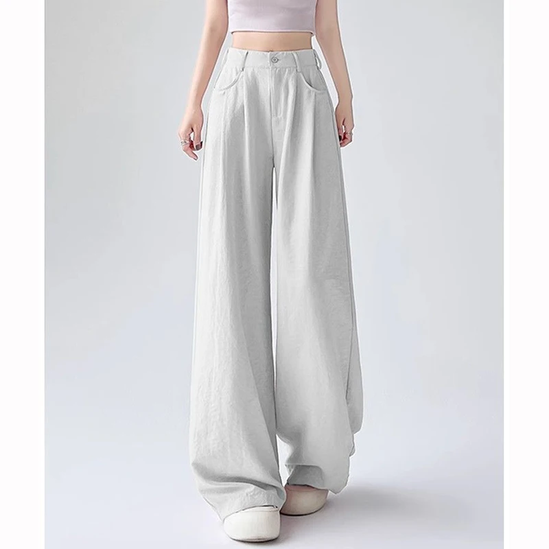 Heißer Verkauf Dame Komfortable Eis Seide Hosen Weibliche Lose Hohe Taille Hose Mädchen Koreanische Mode Feste Breite Bein Hosen
