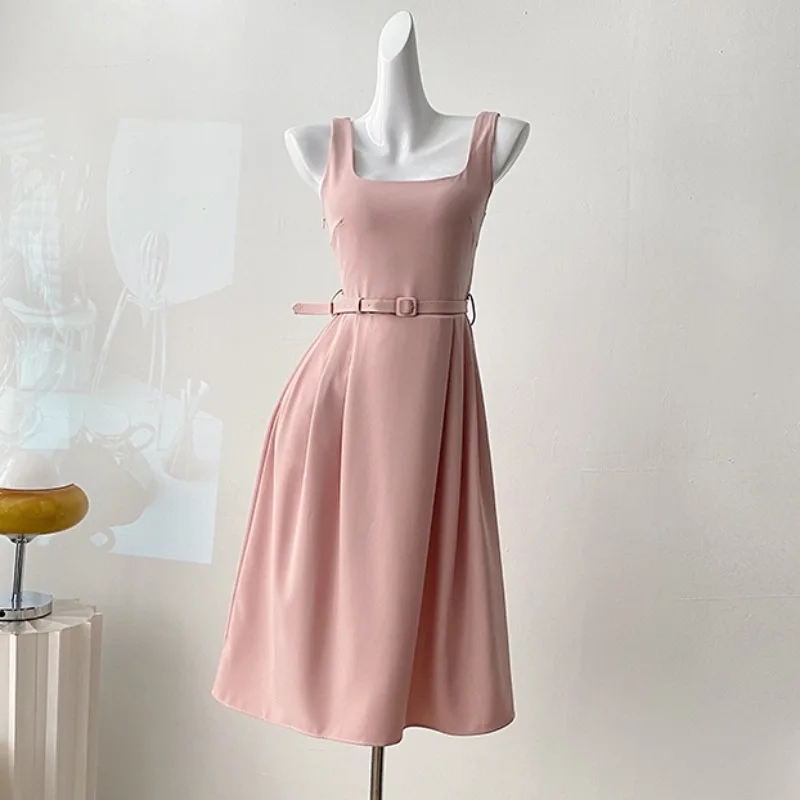 

Pink Elegant Evening Party Dress Bodycon with Belt Square Neck Summer Holiday Dresses Sleeveless Runway Design Party Clothing