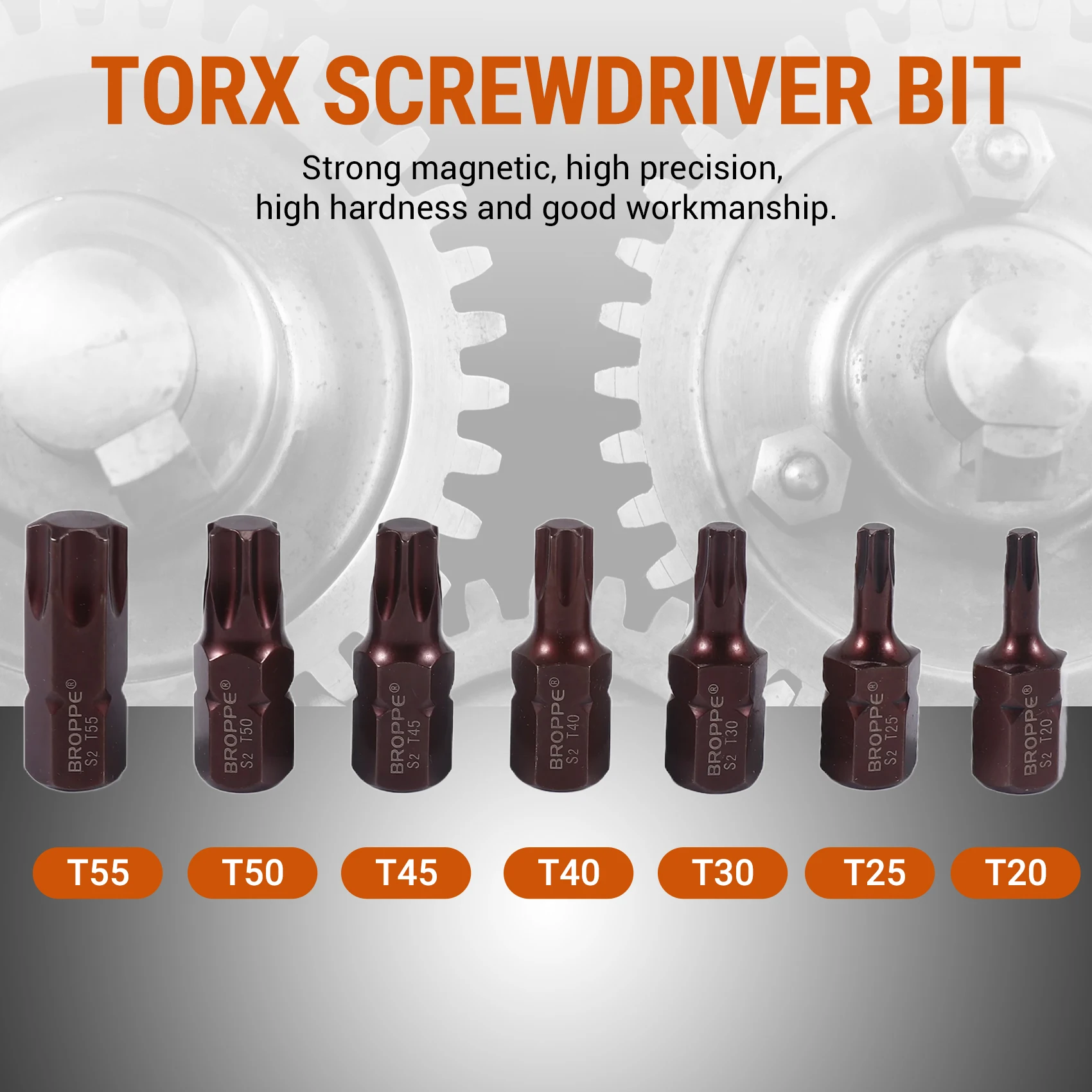 Broppe 7 sztuk T20-55 końcówka wkrętaka Torx S2 stal 10mm uchwyt sześciokątny do wkrętarki udarowej T20/T25/T30/T40/T45/T50/T55