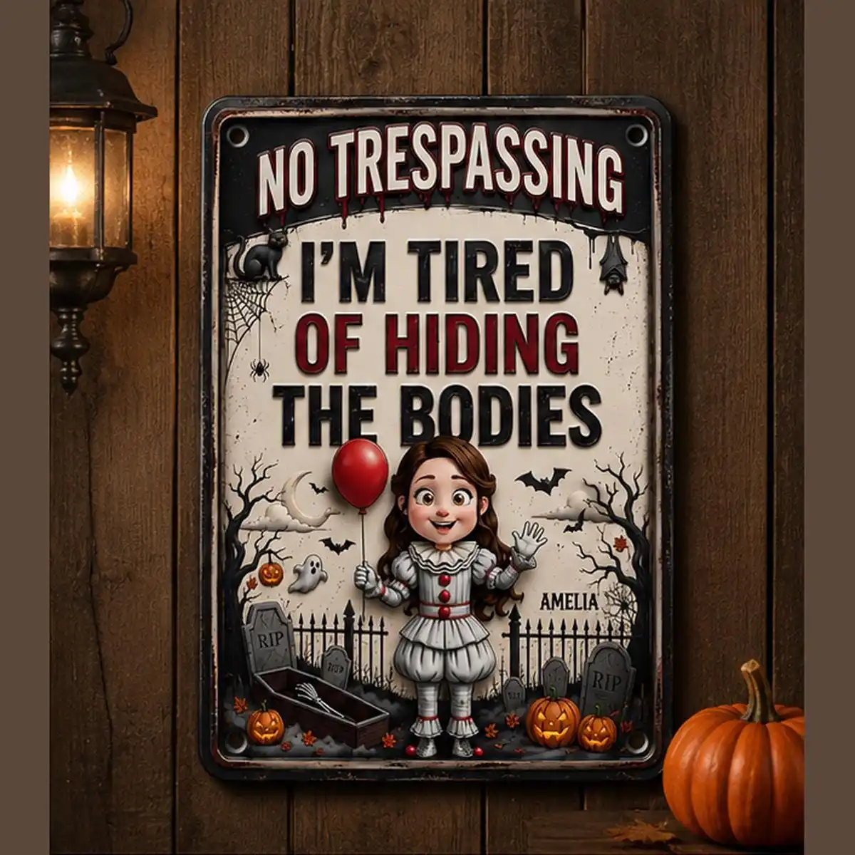 [2D Flat] Custom Metal Plaque, Funny Clown Girl Halloween Warning Custom Text Wall Sign, Holiday Gift (Only For Decoration)