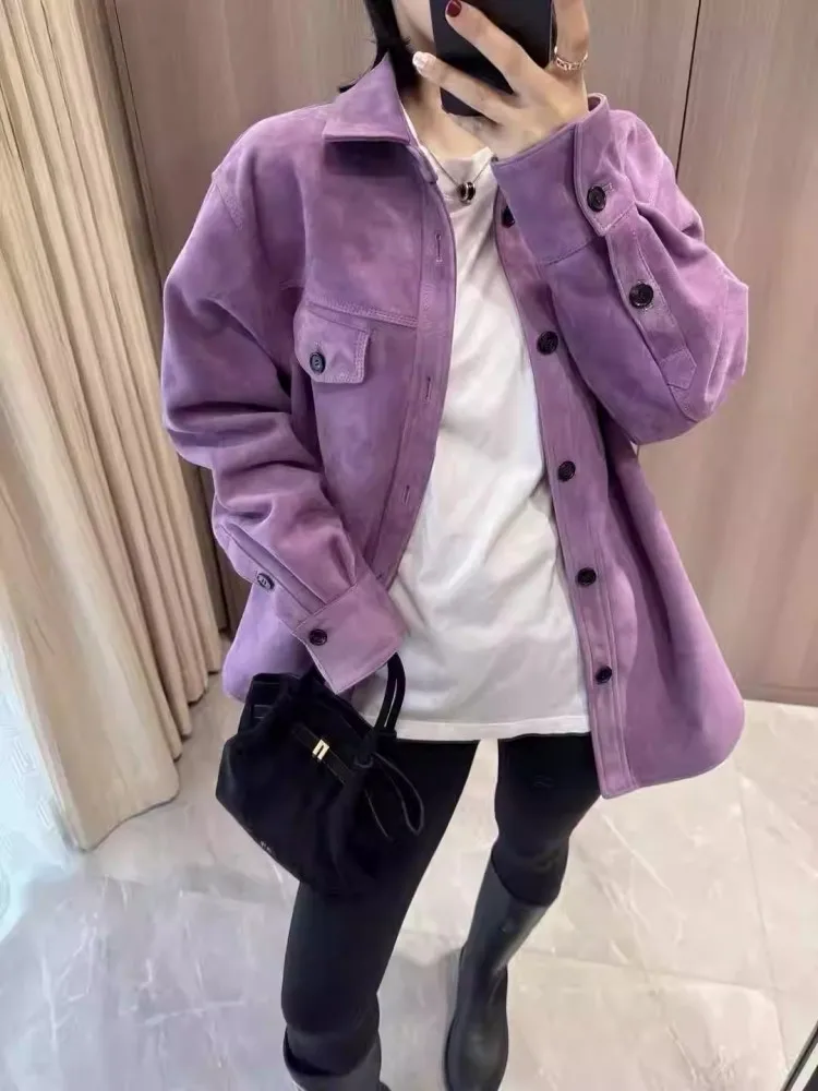 Giacca camicia casual in vera pelle vestibilità ampia da donna monopetto primavera autunno manica lunga pelle scamosciata di pecora cappotto di media lunghezza