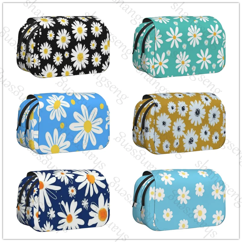 

Pen case Pencil Box Double Flip School Supplies Children's Pencil Box Storage Cosmetic Bag Student Cartoon white Daisy flowers