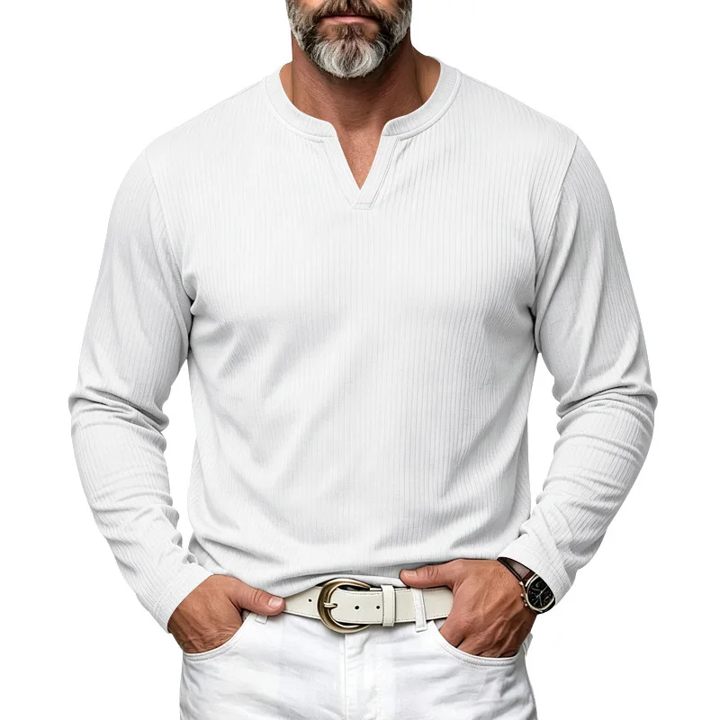 Men's jacquard pit strip Henry neck long-sleeved T-shirt, American autumn and winter textured casual bottoming shirt