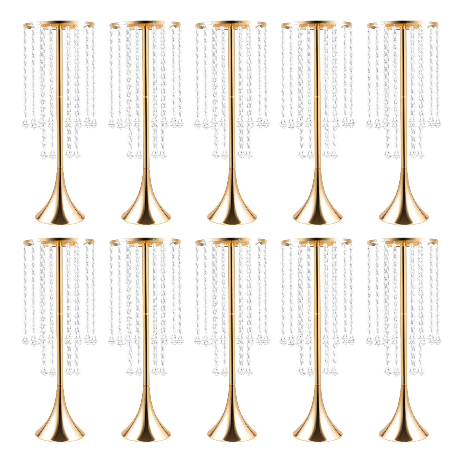 10Pcs Gold Trumpet Floral Stand, Iron Electroplated Frame Hand-strung Acrylic Crystal Beads Enlarged Stable Base Segmented Detachable Structure Wedding Aisle Tabletop Centerpiece Decor