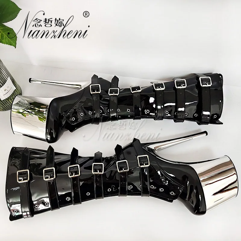 8Inches High heeled Queen Lighter Exotic Dancer 15cm The Knee Boots Platform Belt Buckle Sexy Fetish Stripper gladiator Gothic