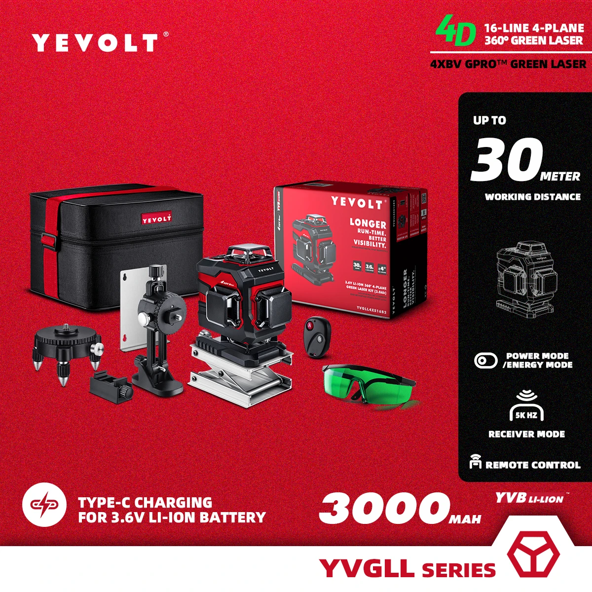 

Лазерный уровень YEVOLT YVGLL4XS16B2, 4-плоский, с зеленым лучом, 4D, 16 линий, 360, Ач, литий-ионный аккумулятор, самонивелирующиеся измерительные инструменты