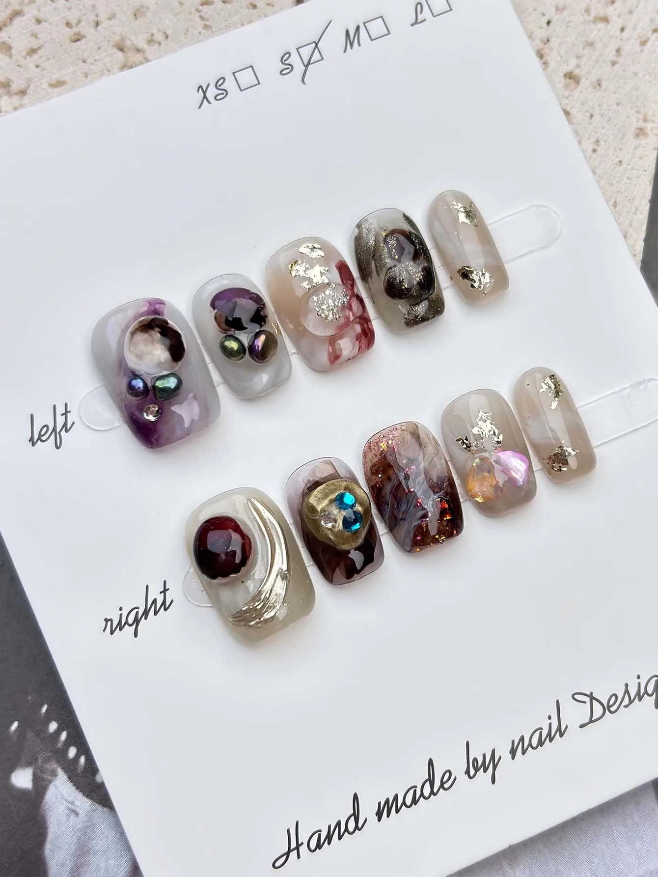

10pc Pink-Purple/Wine Red Press On Nails: Gold Foil & 3D Flower Design. Handmade Acrylic, Reusable. Includes Glue/Stick/File.
