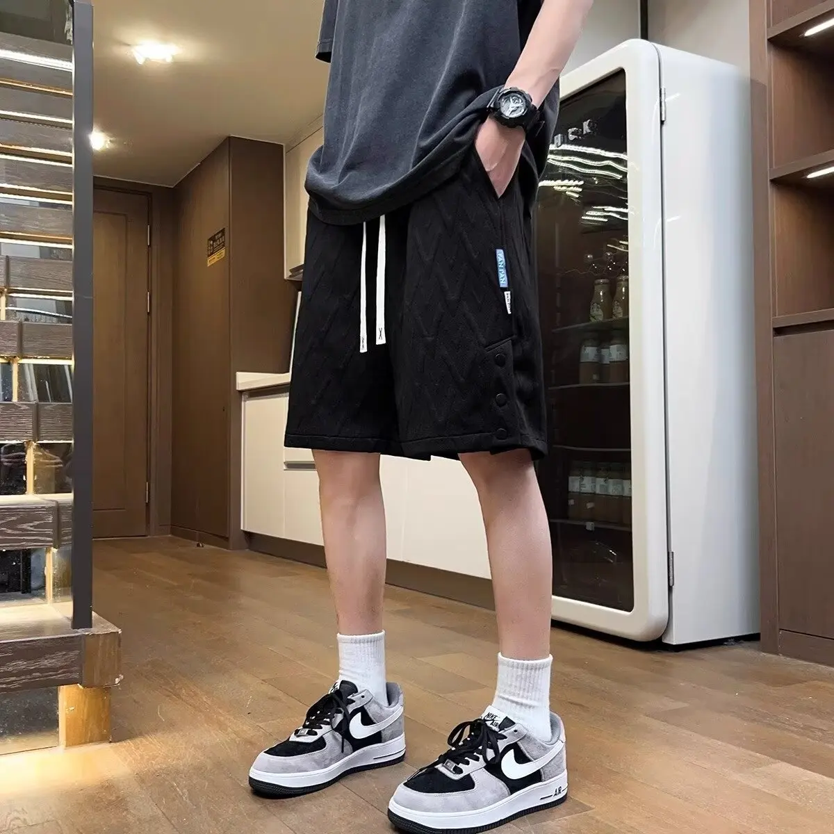 2024 Summer New Men American Style Thin Style Niche Loose Large Size Motion Casual Printing Texture Side Opening Buckle Shorts