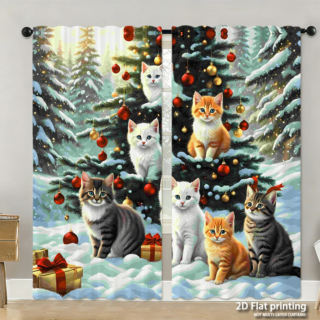 

2-piece set of high-definition digital printed curtainschristmas cats snow gift colorful pattern for rod curtainsHome decoration