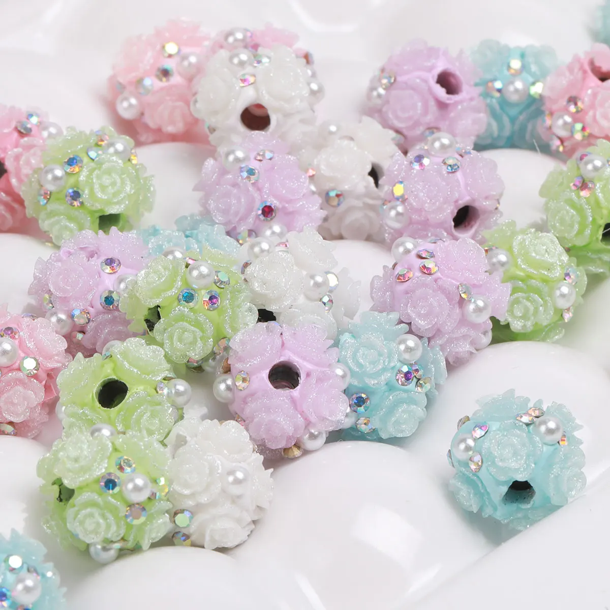 12pcs 1.2cm Random Color Mix Colorful Trumpet Rose Ball Beads Embed Artificial Pearl Rhineston Creative Beaded Pen Acrylic Beads