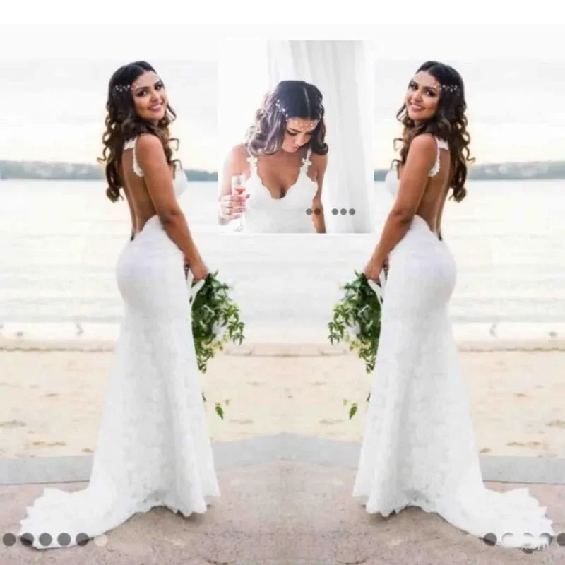 Sexy Lace Wedding Dress Country Style Count Train Deep V Neck Backless Wedding Dresses Handmade Mermaid Bridal Gowns Simple Wear