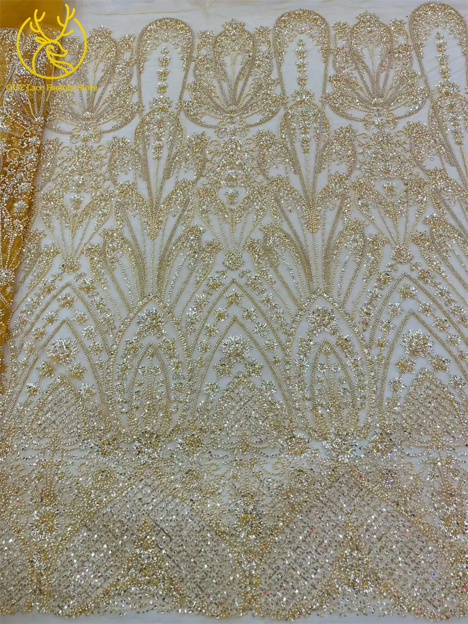 5 Yards afrikanischer schwerer Perlen-Pailletten-Netzstoff, goldener französischer Pailletten-Tüllstoff für wunderschöne Hochzeitskleider zum Nähen – Detail 5