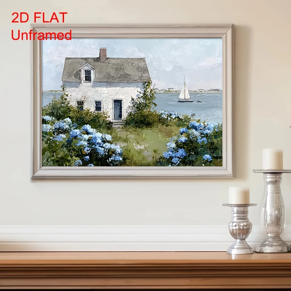 2027,1pc Nantucket Sailboat Wall Art Poster - Horizontal Blue Hydrangea Coastal Painting, Rustic Modern Canvas Print Suitable