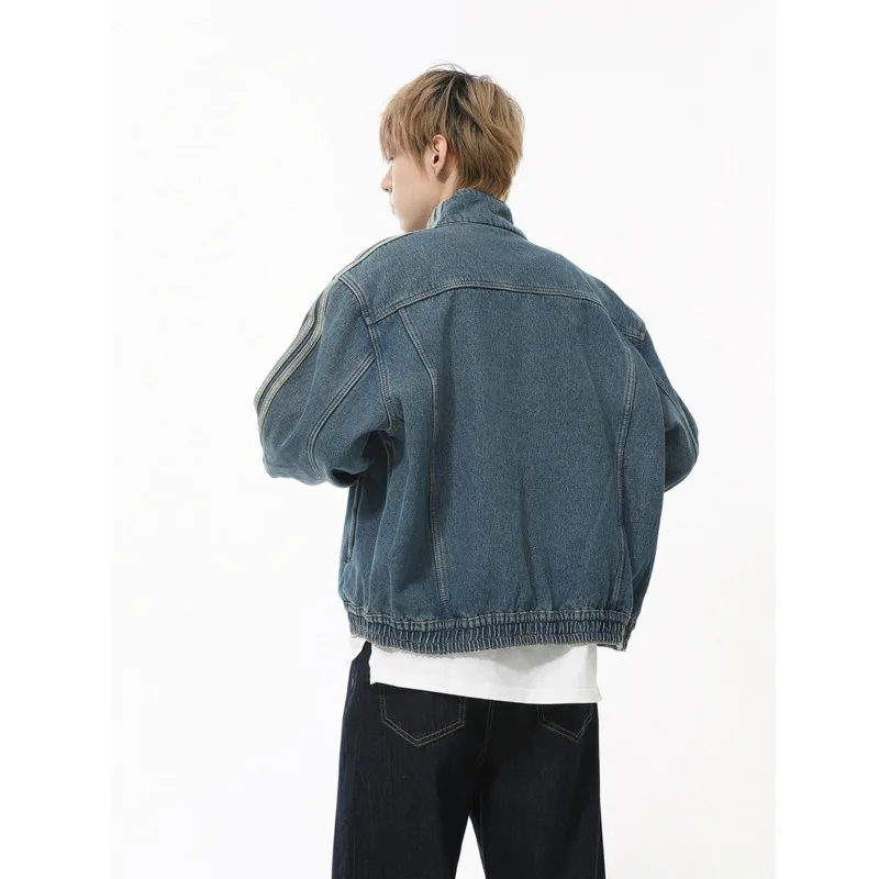 [OIMG] สินค้าใหม่ฤดูใบไม้ร่วงปี 2025 American Stand up Collar Side Stripes with Velvet Zipper Denim Jacket